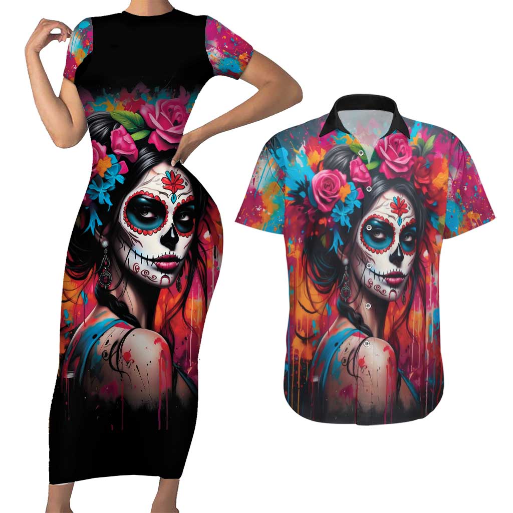 Mexico Day Of The Dead Couples Matching Short Sleeve Bodycon Dress and Hawaiian Shirt Rose Catrina Goddess Sugar Skull - Wonder Print Shop