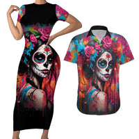 Mexico Day Of The Dead Couples Matching Short Sleeve Bodycon Dress and Hawaiian Shirt Rose Catrina Goddess Sugar Skull - Wonder Print Shop