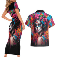 Mexico Day Of The Dead Couples Matching Short Sleeve Bodycon Dress and Hawaiian Shirt Rose Catrina Goddess Sugar Skull - Wonder Print Shop