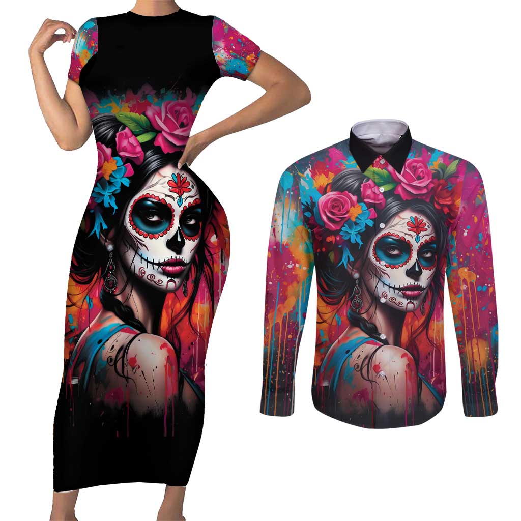 Mexico Day Of The Dead Couples Matching Short Sleeve Bodycon Dress and Long Sleeve Button Shirt Rose Catrina Goddess Sugar Skull - Wonder Print Shop