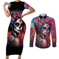 Mexico Day Of The Dead Couples Matching Short Sleeve Bodycon Dress and Long Sleeve Button Shirt Rose Catrina Goddess Sugar Skull - Wonder Print Shop