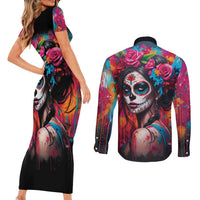 Mexico Day Of The Dead Couples Matching Short Sleeve Bodycon Dress and Long Sleeve Button Shirt Rose Catrina Goddess Sugar Skull - Wonder Print Shop