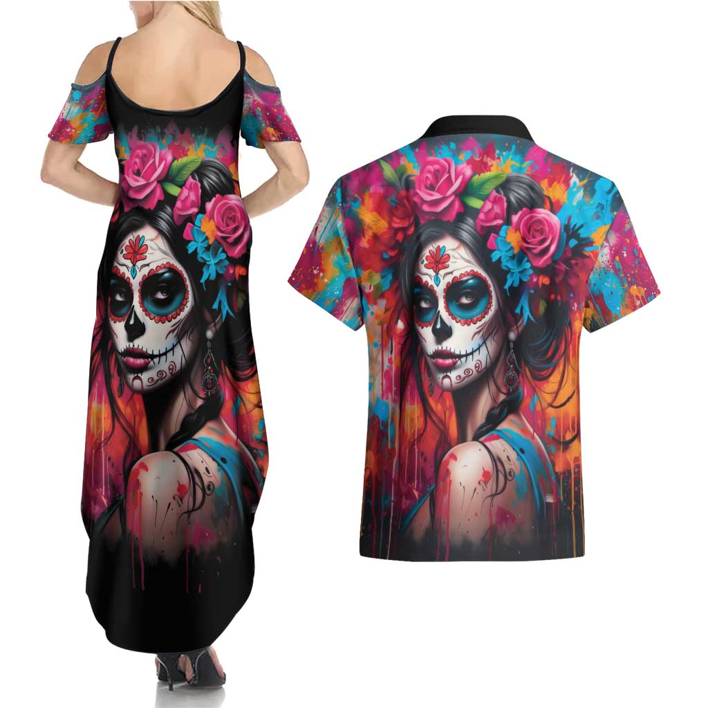 Mexico Day Of The Dead Couples Matching Summer Maxi Dress and Hawaiian Shirt Rose Catrina Goddess Sugar Skull - Wonder Print Shop