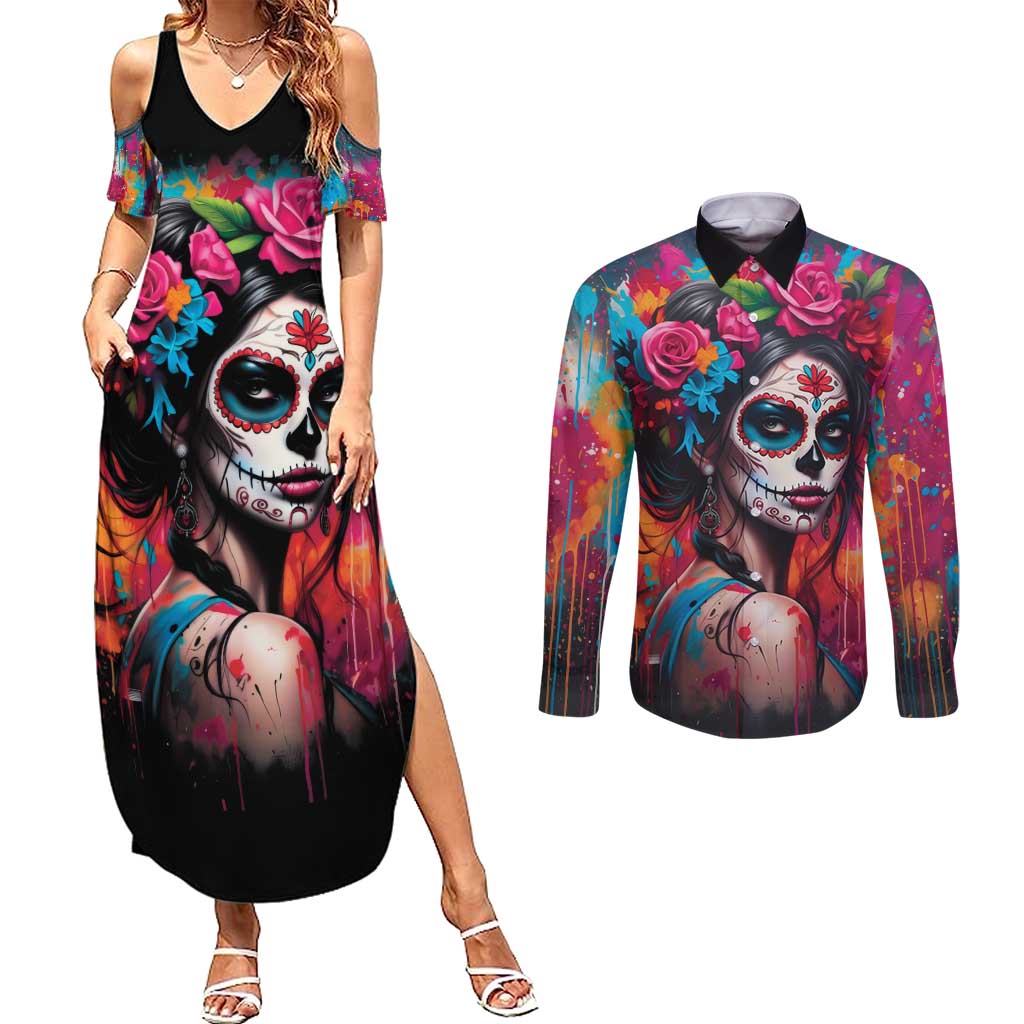 Mexico Day Of The Dead Couples Matching Summer Maxi Dress and Long Sleeve Button Shirt Rose Catrina Goddess Sugar Skull - Wonder Print Shop