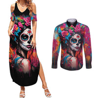 Mexico Day Of The Dead Couples Matching Summer Maxi Dress and Long Sleeve Button Shirt Rose Catrina Goddess Sugar Skull - Wonder Print Shop