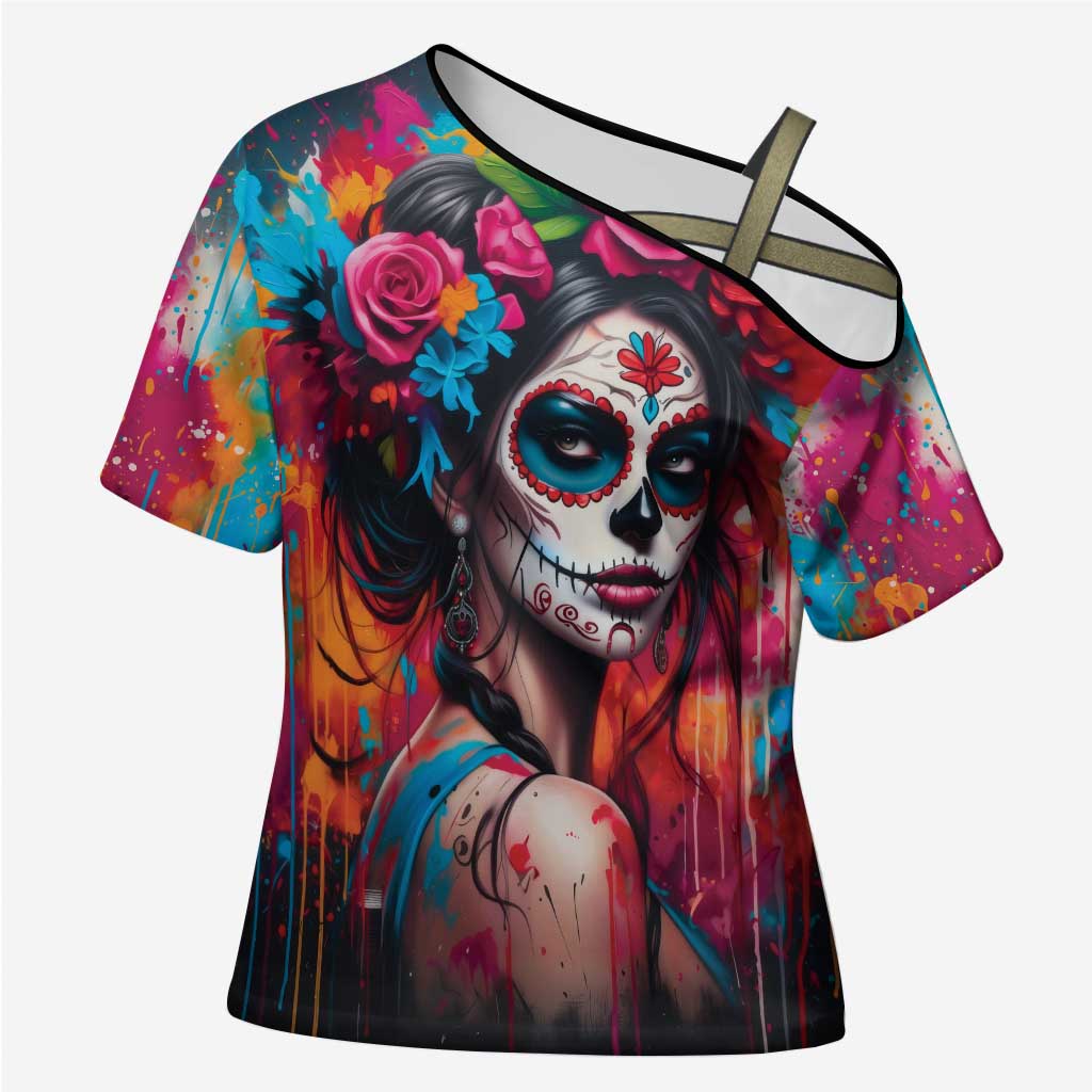 Mexico Day Of The Dead Cross Shoulder Shirt Rose Catrina Goddess Sugar Skull - Wonder Print Shop