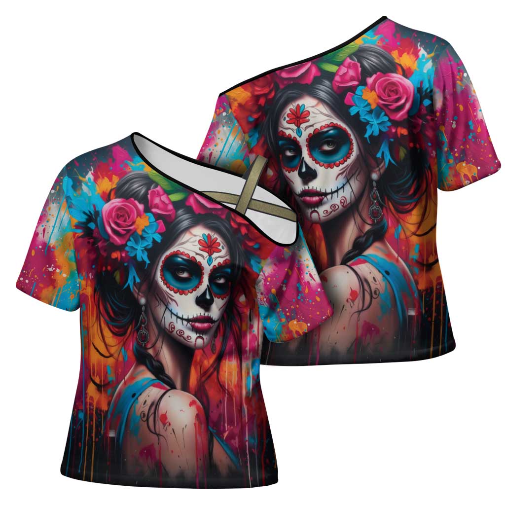 Mexico Day Of The Dead Cross Shoulder Shirt Rose Catrina Goddess Sugar Skull - Wonder Print Shop