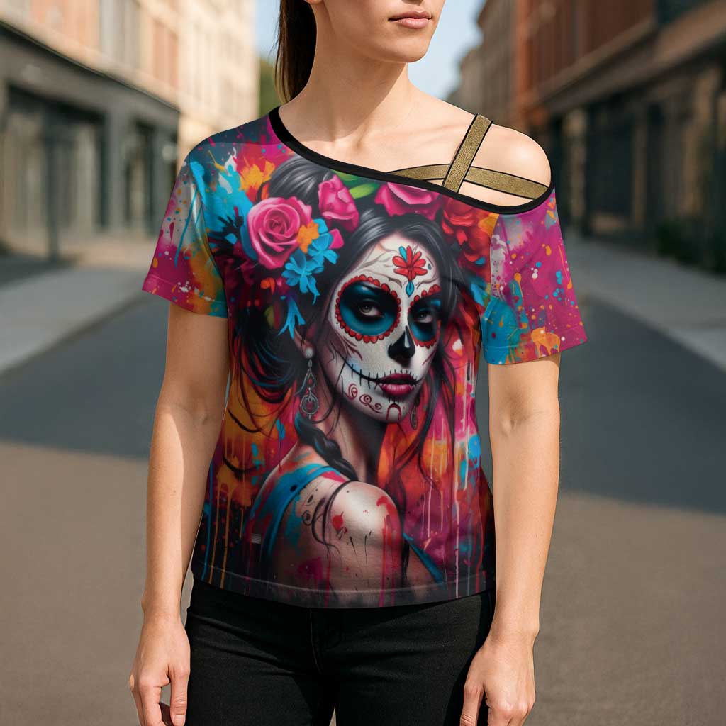 Mexico Day Of The Dead Cross Shoulder Shirt Rose Catrina Goddess Sugar Skull - Wonder Print Shop