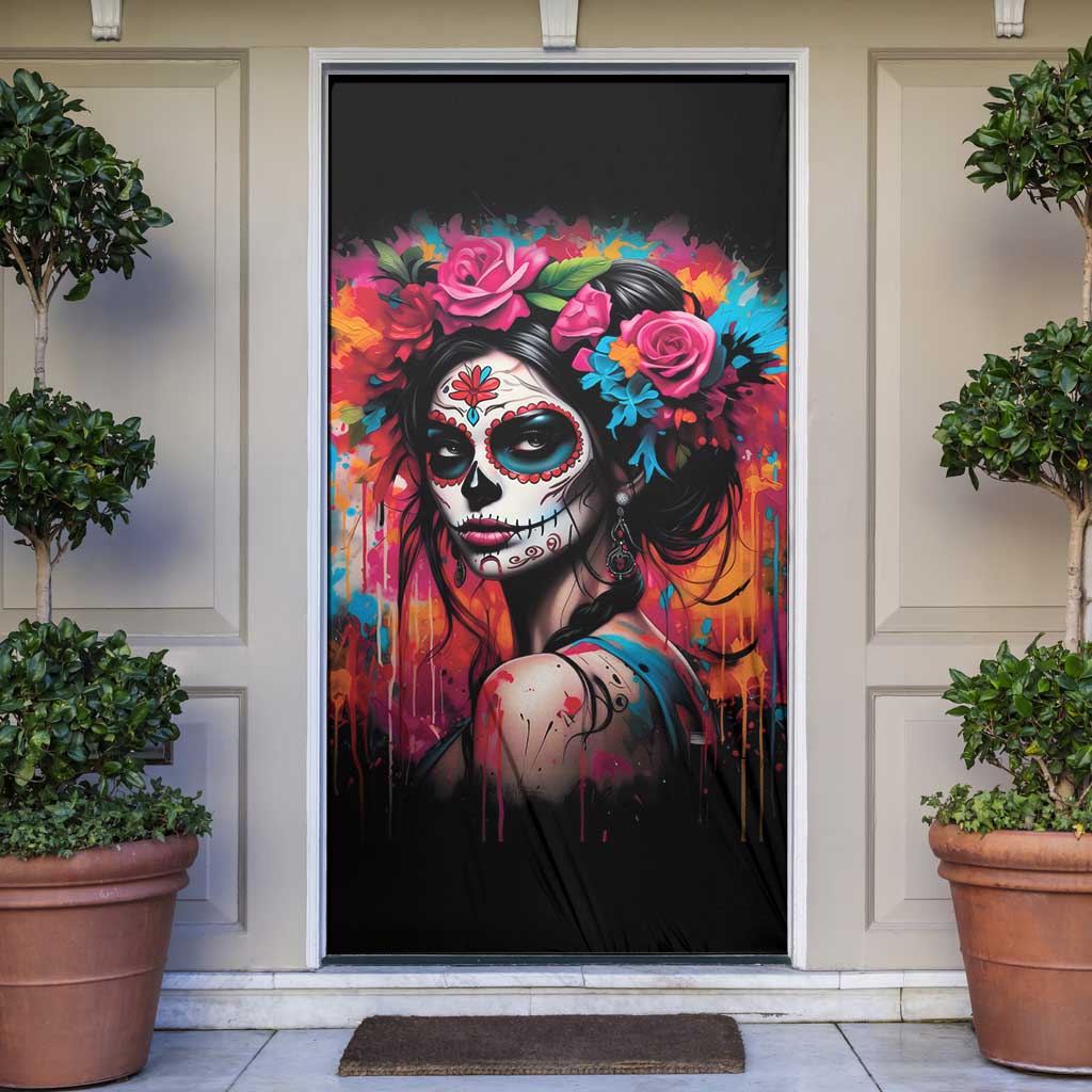 Mexico Day Of The Dead Door Cover Rose Catrina Goddess Sugar Skull - Wonder Print Shop
