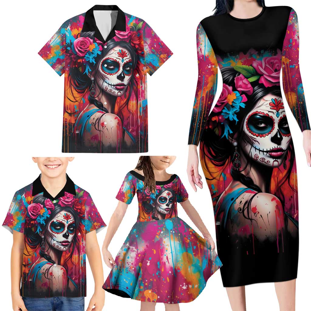 Mexico Day Of The Dead Family Matching Long Sleeve Bodycon Dress and Hawaiian Shirt Rose Catrina Goddess Sugar Skull - Wonder Print Shop
