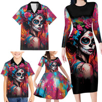 Mexico Day Of The Dead Family Matching Long Sleeve Bodycon Dress and Hawaiian Shirt Rose Catrina Goddess Sugar Skull - Wonder Print Shop