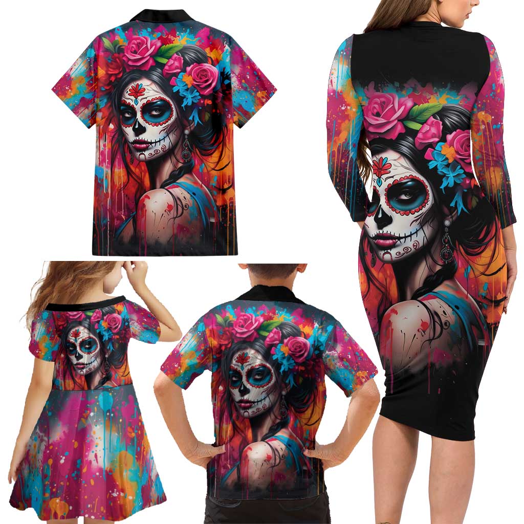 Mexico Day Of The Dead Family Matching Long Sleeve Bodycon Dress and Hawaiian Shirt Rose Catrina Goddess Sugar Skull - Wonder Print Shop