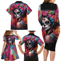Mexico Day Of The Dead Family Matching Long Sleeve Bodycon Dress and Hawaiian Shirt Rose Catrina Goddess Sugar Skull - Wonder Print Shop