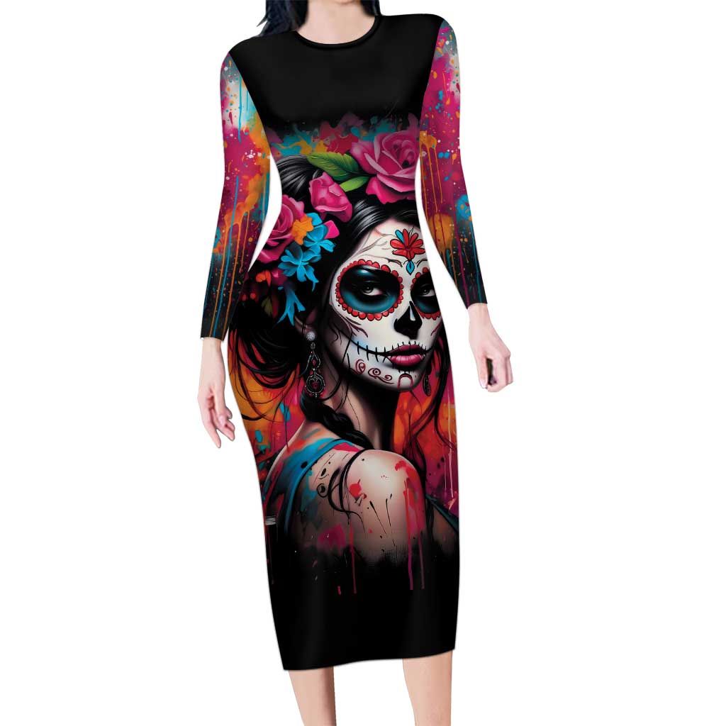 Mexico Day Of The Dead Family Matching Long Sleeve Bodycon Dress and Hawaiian Shirt Rose Catrina Goddess Sugar Skull - Wonder Print Shop