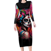 Mexico Day Of The Dead Family Matching Long Sleeve Bodycon Dress and Hawaiian Shirt Rose Catrina Goddess Sugar Skull - Wonder Print Shop
