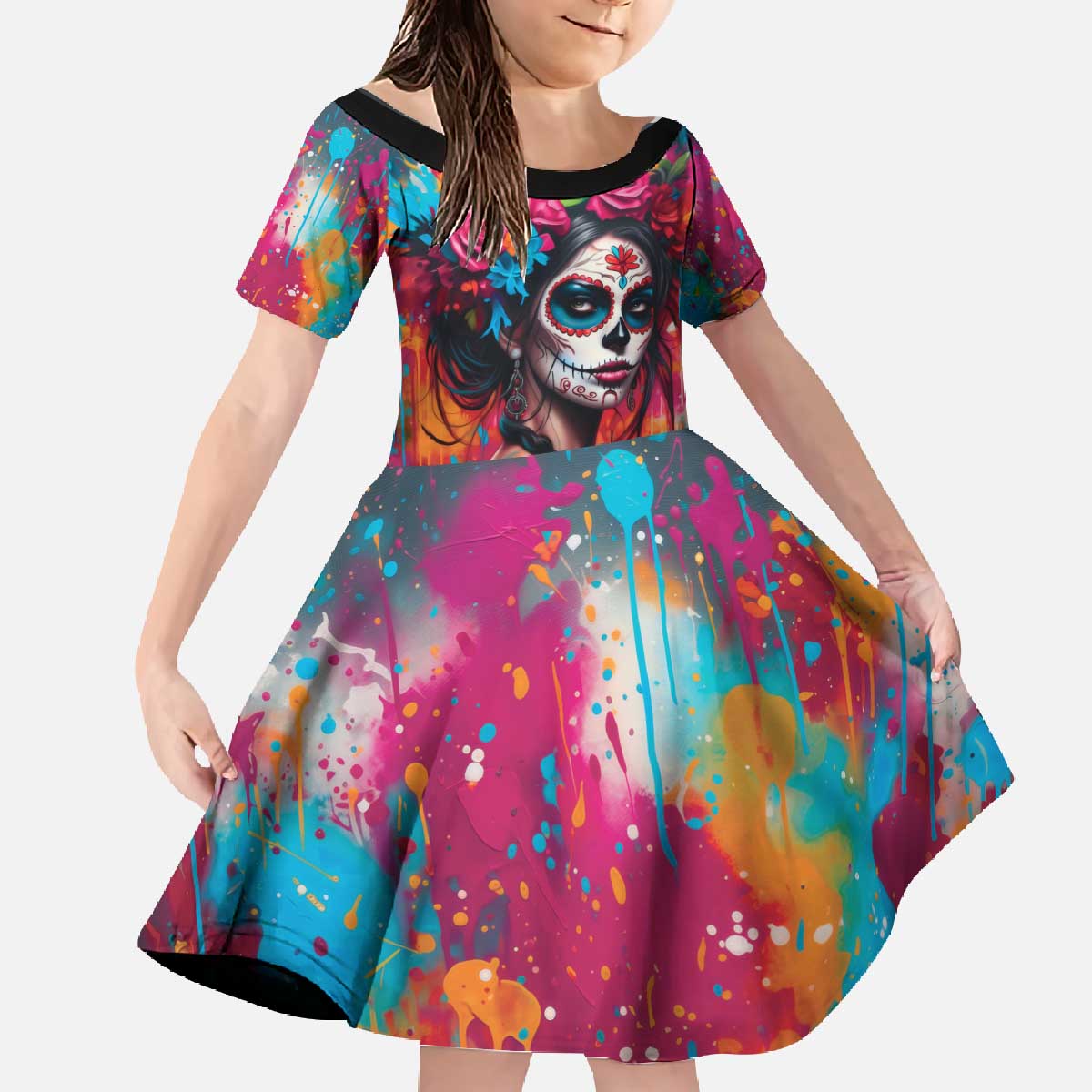 Mexico Day Of The Dead Family Matching Off The Shoulder Long Sleeve Dress and Hawaiian Shirt Rose Catrina Goddess Sugar Skull - Wonder Print Shop