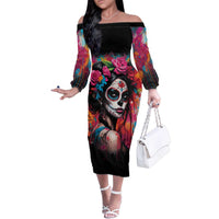 Mexico Day Of The Dead Family Matching Off The Shoulder Long Sleeve Dress and Hawaiian Shirt Rose Catrina Goddess Sugar Skull - Wonder Print Shop