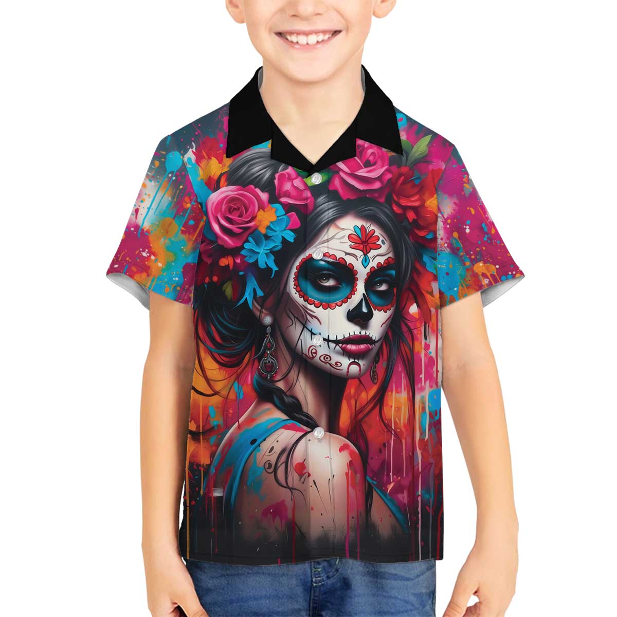 Mexico Day Of The Dead Family Matching Off The Shoulder Long Sleeve Dress and Hawaiian Shirt Rose Catrina Goddess Sugar Skull - Wonder Print Shop