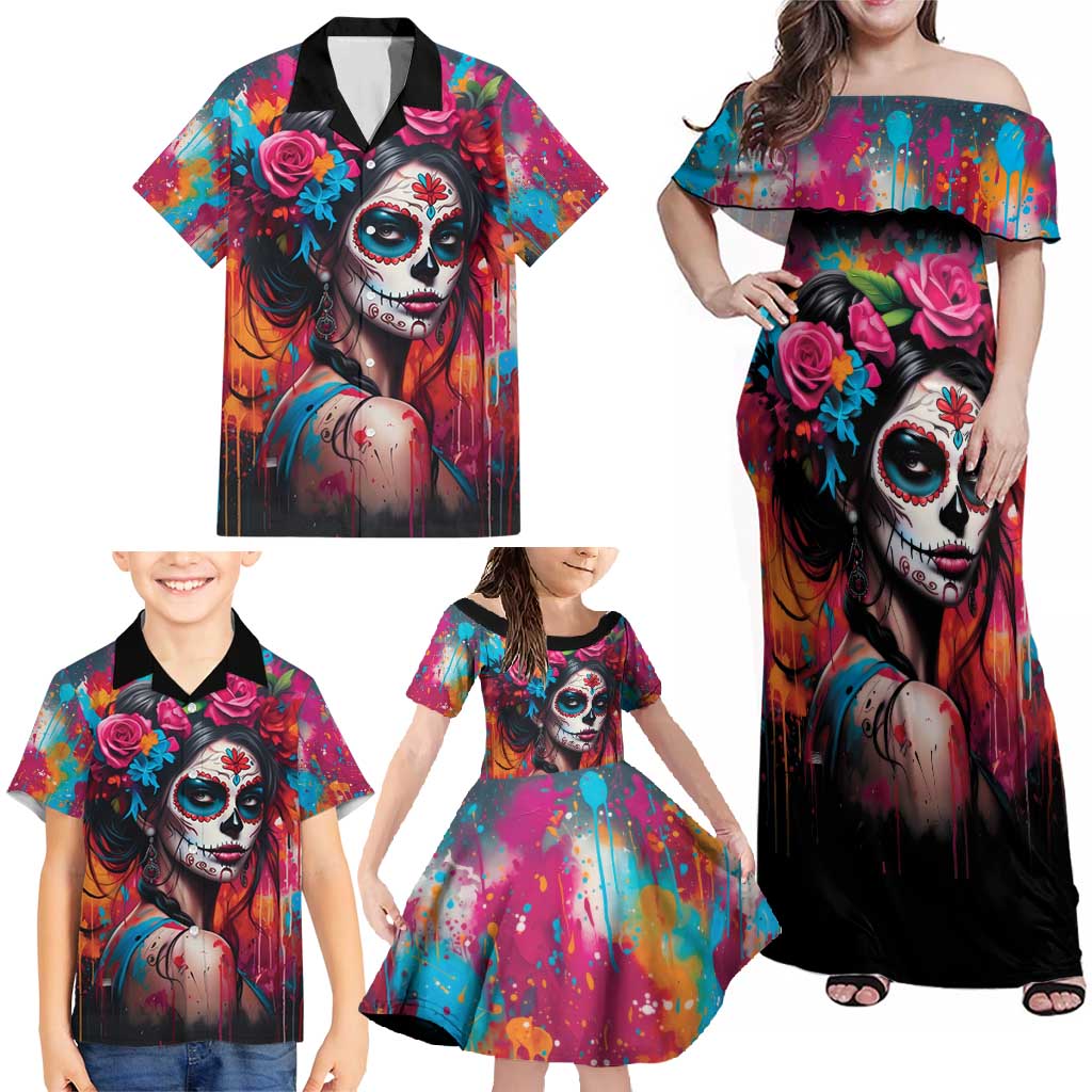 Mexico Day Of The Dead Family Matching Off Shoulder Maxi Dress and Hawaiian Shirt Rose Catrina Goddess Sugar Skull - Wonder Print Shop