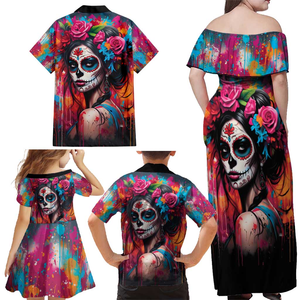 Mexico Day Of The Dead Family Matching Off Shoulder Maxi Dress and Hawaiian Shirt Rose Catrina Goddess Sugar Skull - Wonder Print Shop