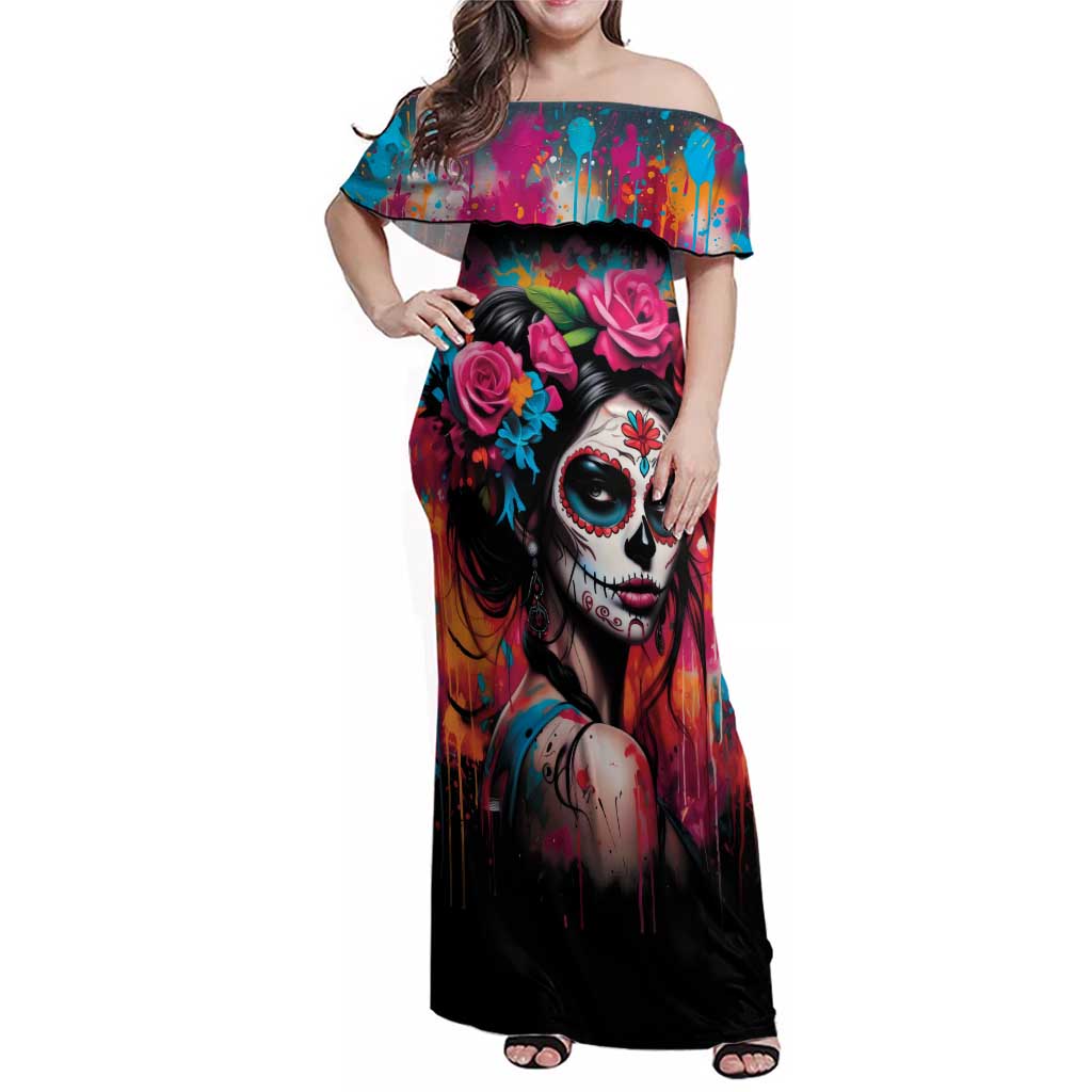 Mexico Day Of The Dead Family Matching Off Shoulder Maxi Dress and Hawaiian Shirt Rose Catrina Goddess Sugar Skull - Wonder Print Shop