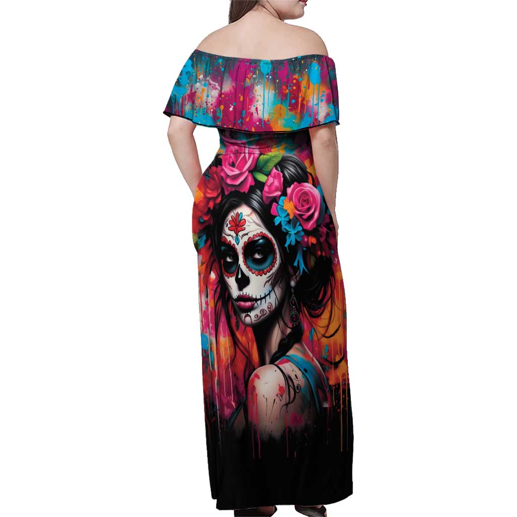 Mexico Day Of The Dead Family Matching Off Shoulder Maxi Dress and Hawaiian Shirt Rose Catrina Goddess Sugar Skull - Wonder Print Shop