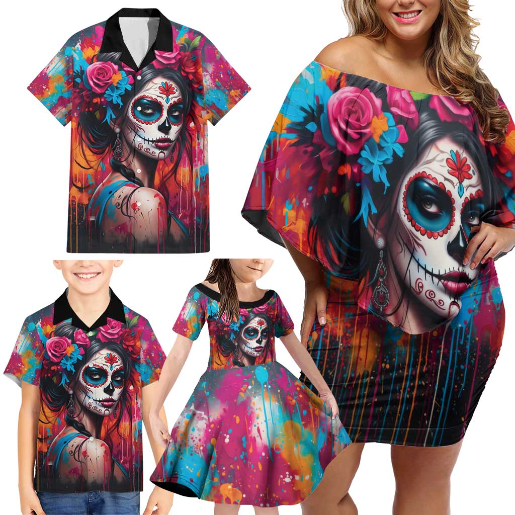 Mexico Day Of The Dead Family Matching Off Shoulder Short Dress and Hawaiian Shirt Rose Catrina Goddess Sugar Skull - Wonder Print Shop