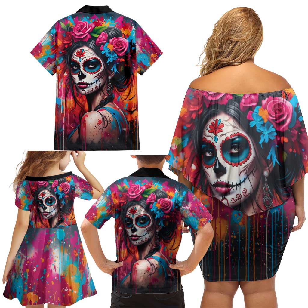 Mexico Day Of The Dead Family Matching Off Shoulder Short Dress and Hawaiian Shirt Rose Catrina Goddess Sugar Skull - Wonder Print Shop