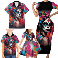 Mexico Day Of The Dead Family Matching Short Sleeve Bodycon Dress and Hawaiian Shirt Rose Catrina Goddess Sugar Skull - Wonder Print Shop