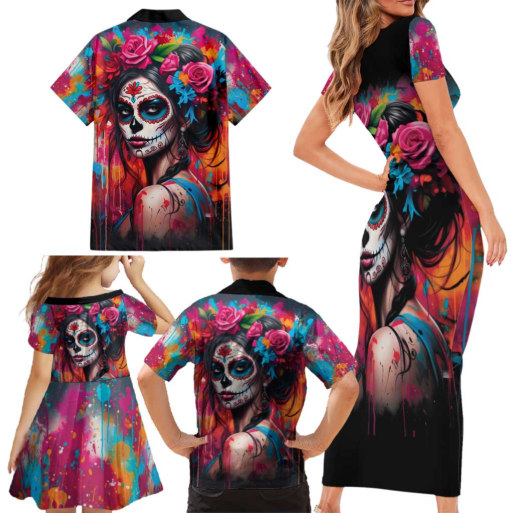 Mexico Day Of The Dead Family Matching Short Sleeve Bodycon Dress and Hawaiian Shirt Rose Catrina Goddess Sugar Skull - Wonder Print Shop