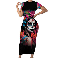 Mexico Day Of The Dead Family Matching Short Sleeve Bodycon Dress and Hawaiian Shirt Rose Catrina Goddess Sugar Skull - Wonder Print Shop