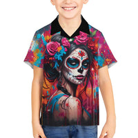 Mexico Day Of The Dead Family Matching Short Sleeve Bodycon Dress and Hawaiian Shirt Rose Catrina Goddess Sugar Skull - Wonder Print Shop