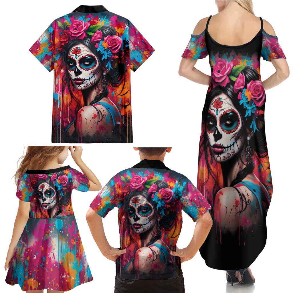 Mexico Day Of The Dead Family Matching Summer Maxi Dress and Hawaiian Shirt Rose Catrina Goddess Sugar Skull - Wonder Print Shop