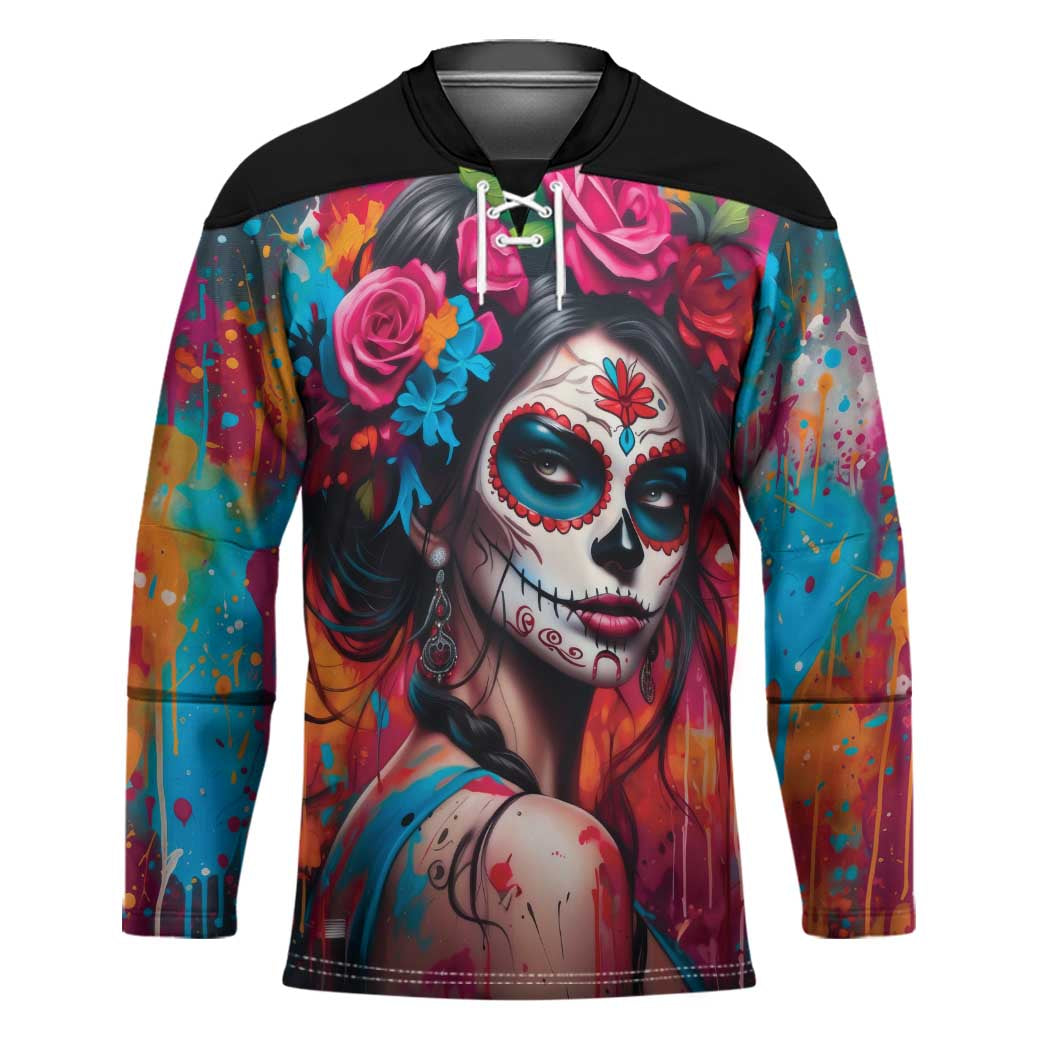 Mexico Day Of The Dead Hockey Jersey Rose Catrina Goddess Sugar Skull - Wonder Print Shop