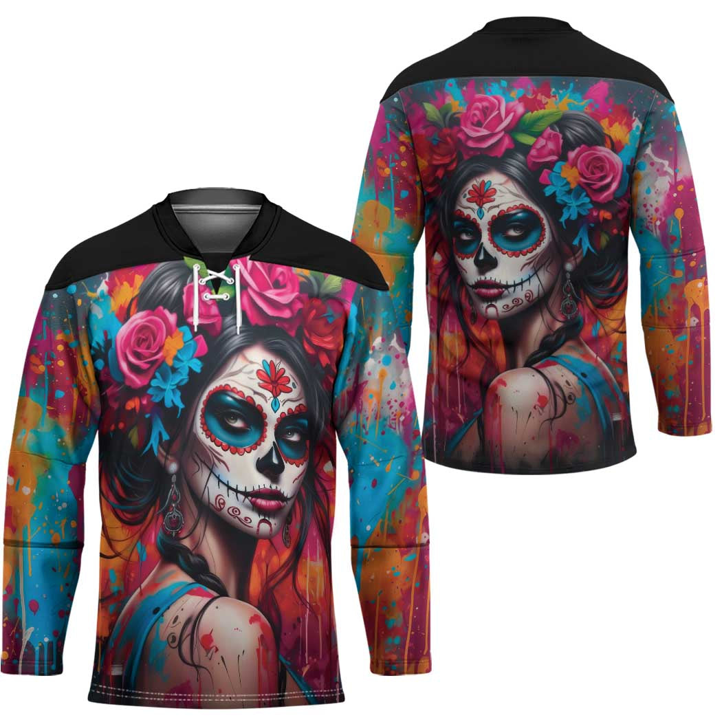 Mexico Day Of The Dead Hockey Jersey Rose Catrina Goddess Sugar Skull - Wonder Print Shop