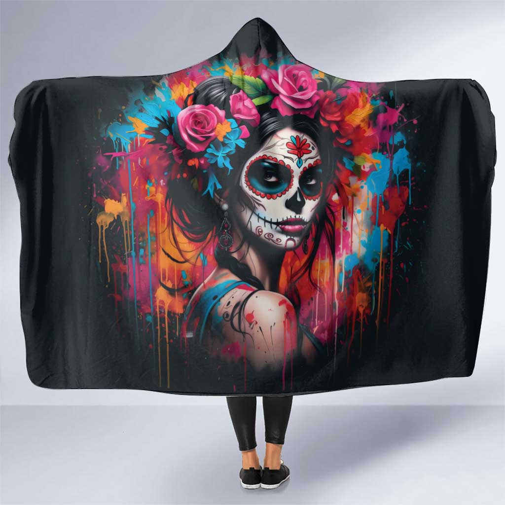 Mexico Day Of The Dead Hooded Blanket Rose Catrina Goddess Sugar Skull - Wonder Print Shop