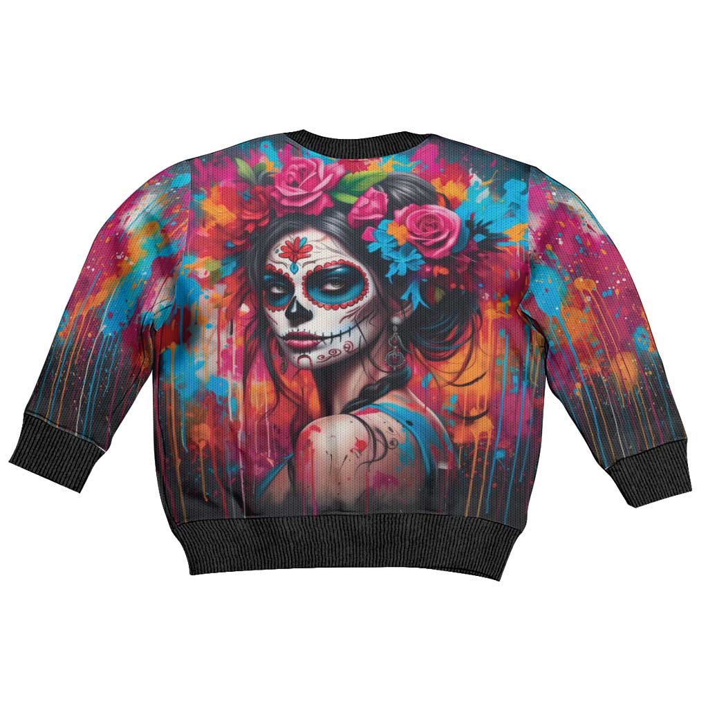 Mexico Day Of The Dead Kid Ugly Christmas Sweater Rose Catrina Goddess Sugar Skull - Wonder Print Shop