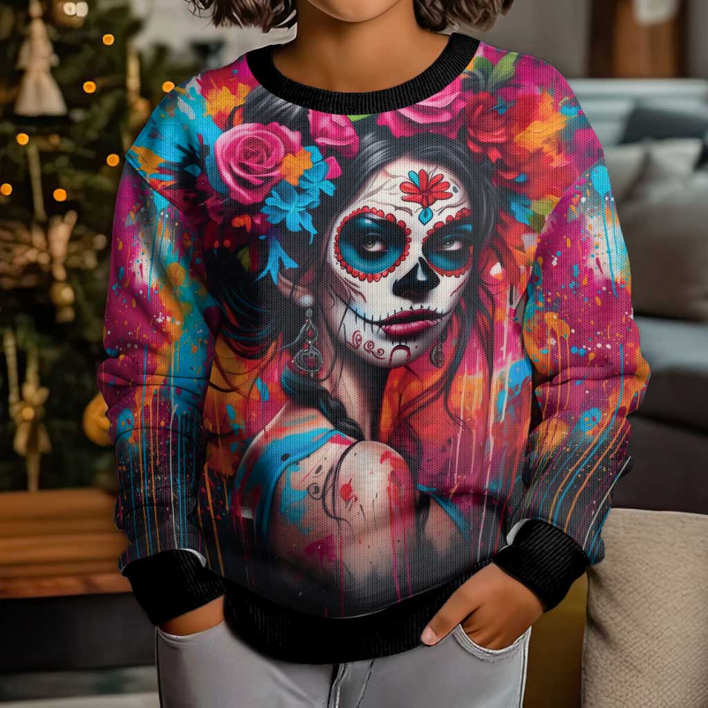 Mexico Day Of The Dead Kid Ugly Christmas Sweater Rose Catrina Goddess Sugar Skull - Wonder Print Shop