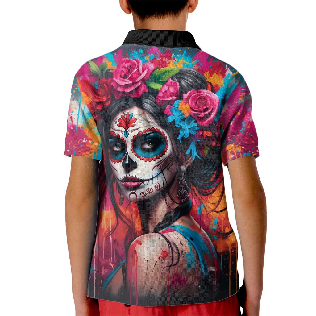 Mexico Day Of The Dead Kid Polo Shirt Rose Catrina Goddess Sugar Skull - Wonder Print Shop