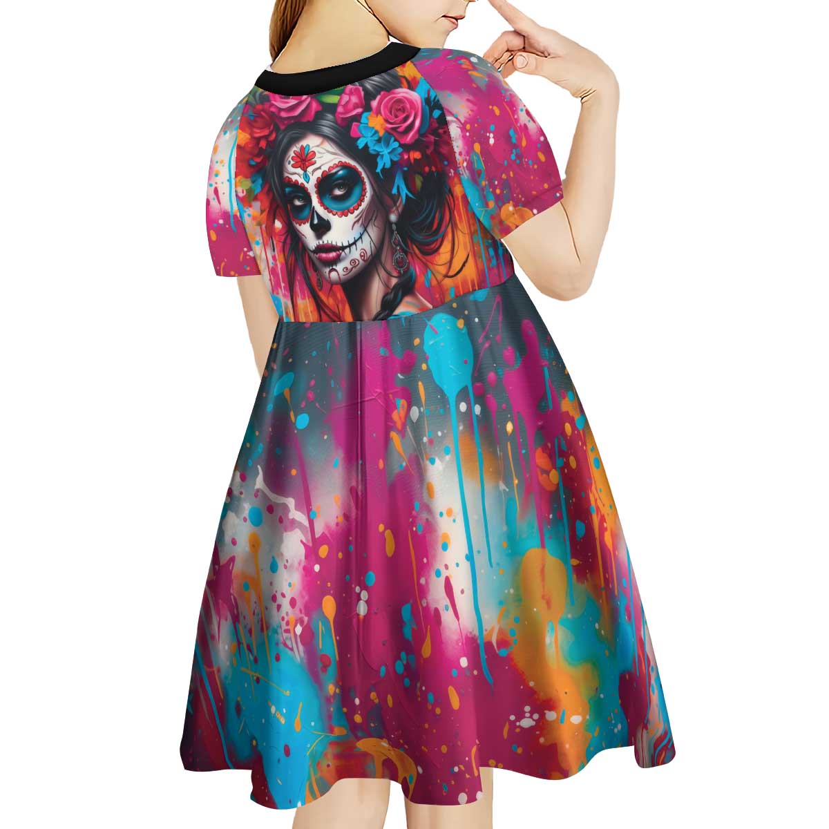 Mexico Day Of The Dead Kid Short Sleeve Dress Rose Catrina Goddess Sugar Skull - Wonder Print Shop