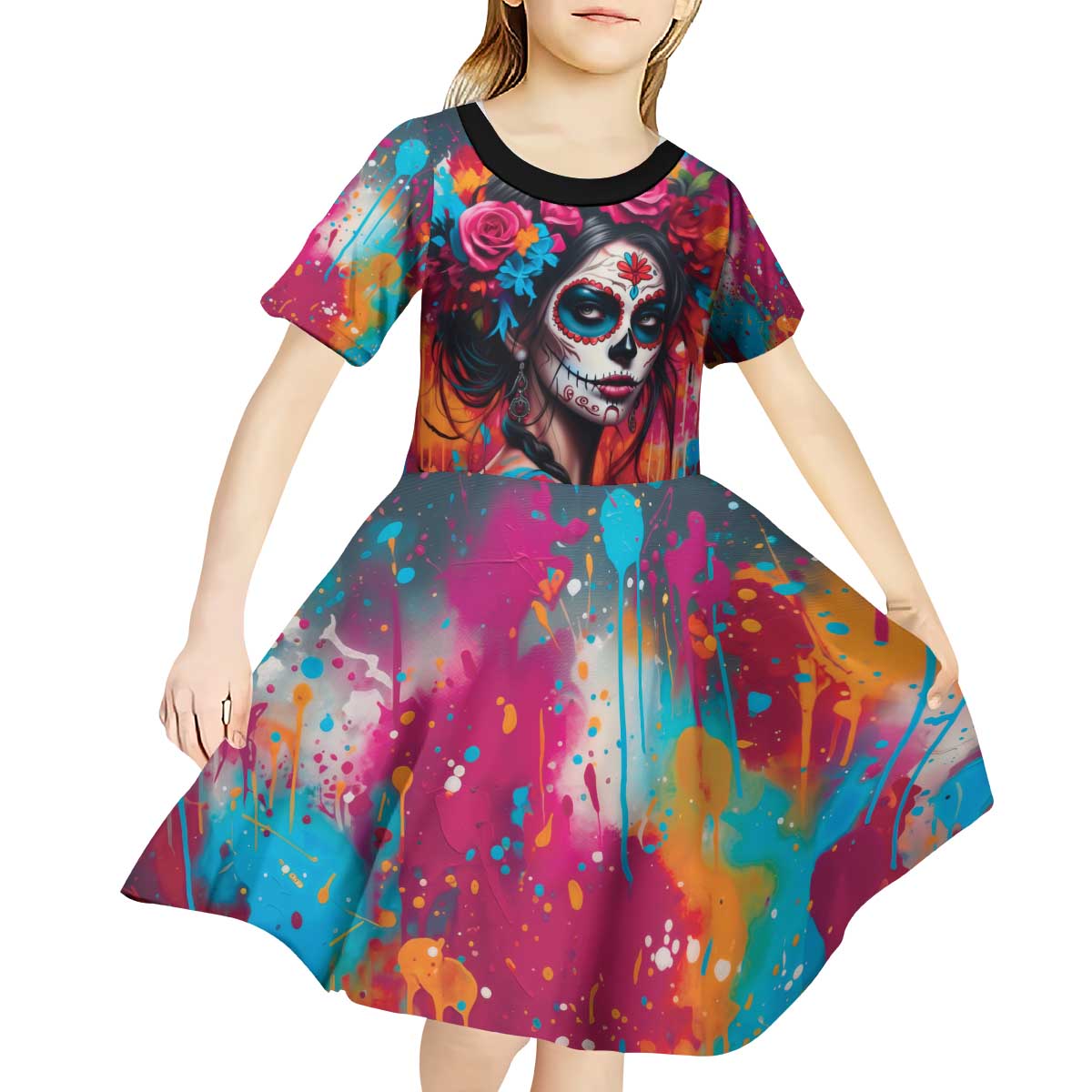 Mexico Day Of The Dead Kid Short Sleeve Dress Rose Catrina Goddess Sugar Skull - Wonder Print Shop