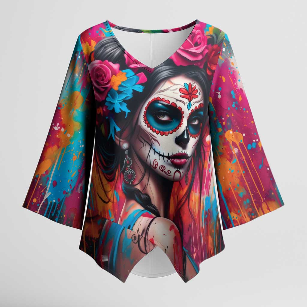 Mexico Day Of The Dead Kimono Sleeve Blouse Rose Catrina Goddess Sugar Skull - Wonder Print Shop