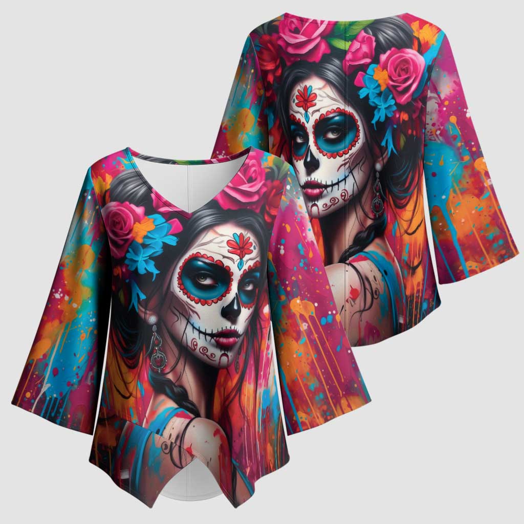 Mexico Day Of The Dead Kimono Sleeve Blouse Rose Catrina Goddess Sugar Skull - Wonder Print Shop