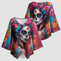 Mexico Day Of The Dead Kimono Sleeve Blouse Rose Catrina Goddess Sugar Skull - Wonder Print Shop