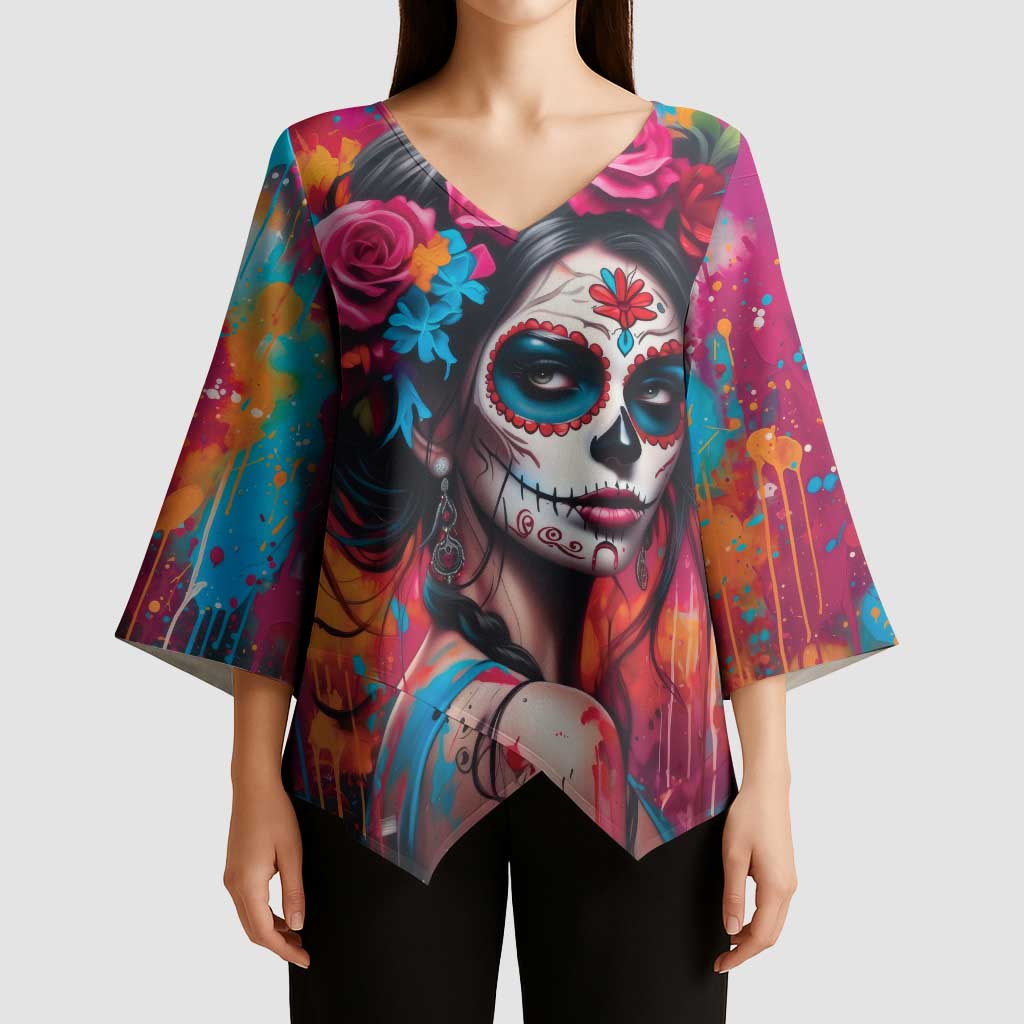 Mexico Day Of The Dead Kimono Sleeve Blouse Rose Catrina Goddess Sugar Skull - Wonder Print Shop
