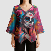 Mexico Day Of The Dead Kimono Sleeve Blouse Rose Catrina Goddess Sugar Skull - Wonder Print Shop