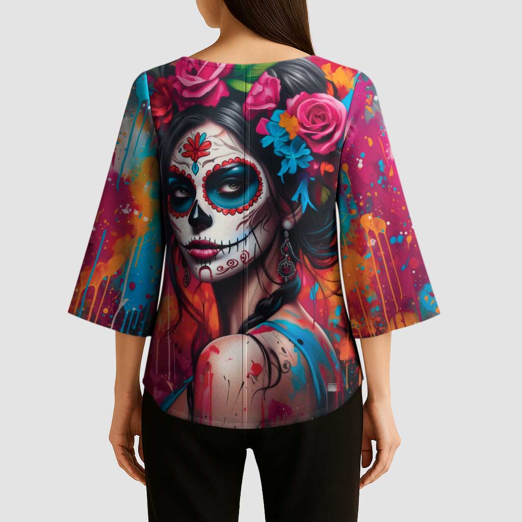 Mexico Day Of The Dead Kimono Sleeve Blouse Rose Catrina Goddess Sugar Skull - Wonder Print Shop
