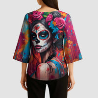 Mexico Day Of The Dead Kimono Sleeve Blouse Rose Catrina Goddess Sugar Skull - Wonder Print Shop