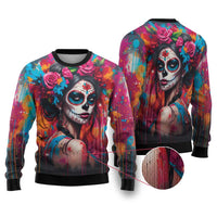Mexico Day Of The Dead Ugly Christmas Sweater Rose Catrina Goddess Sugar Skull - Wonder Print Shop