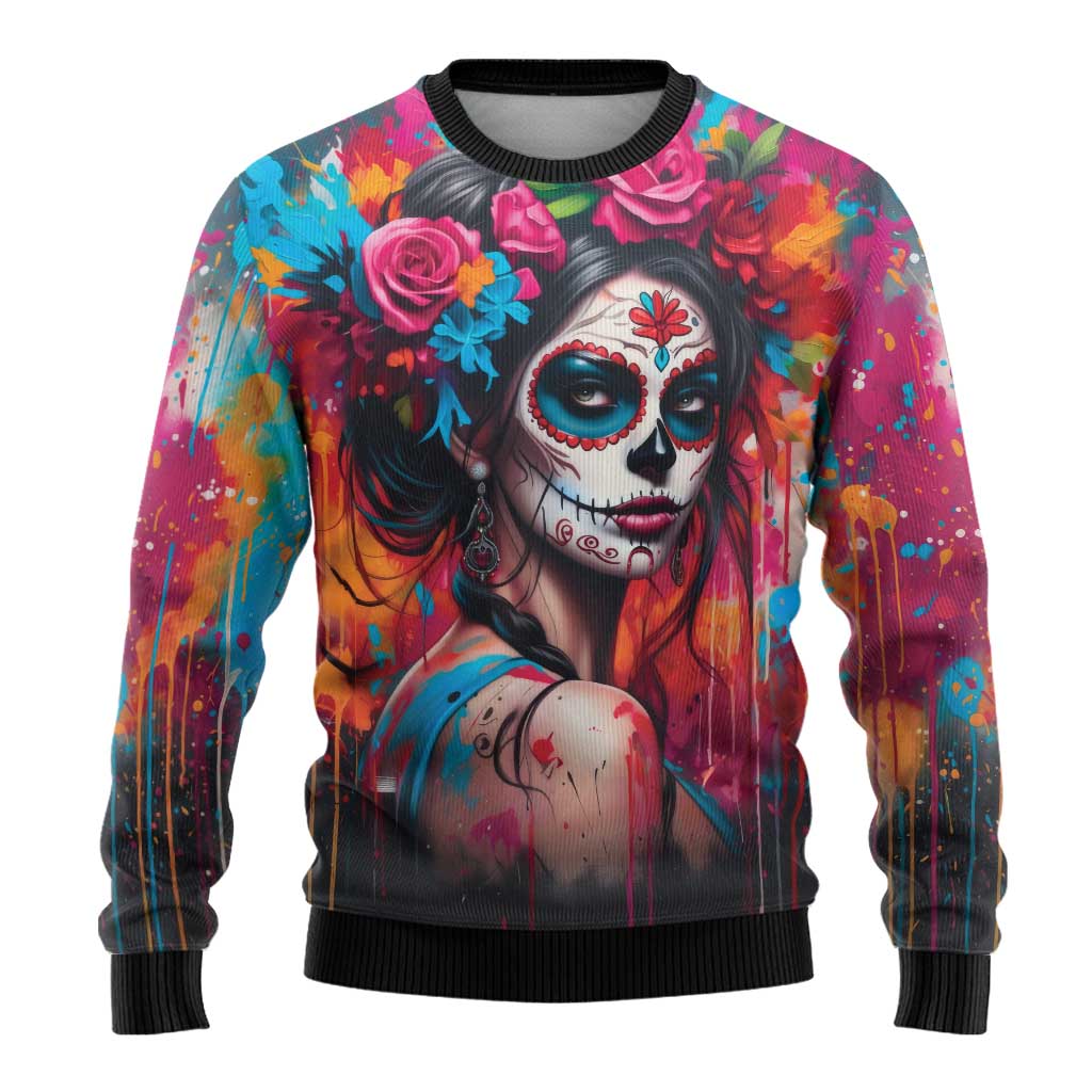 Mexico Day Of The Dead Ugly Christmas Sweater Rose Catrina Goddess Sugar Skull - Wonder Print Shop